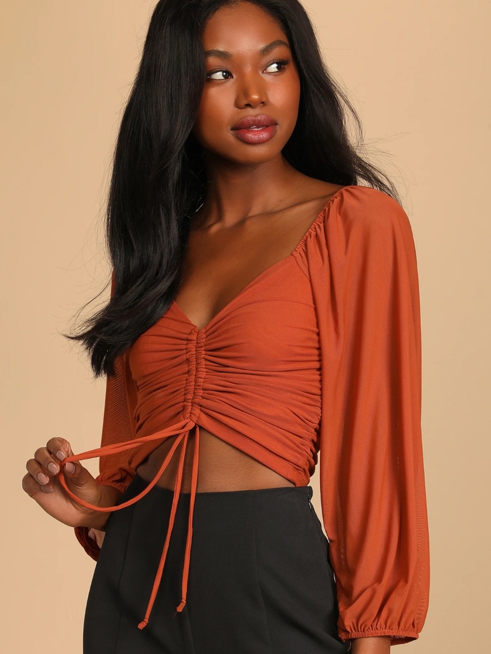 Lulus orange ruched blouse with tie back detail. Size S